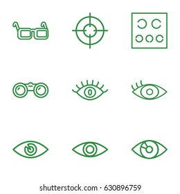 Sight icons set. set of 9 sight outline icons such as eye, eye test, glasses, binoculars