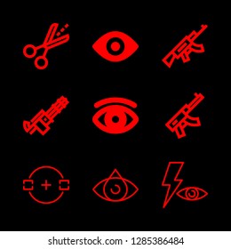 sight icons set with guide, eye opened symbol with an eyebrow and machine gun vector set