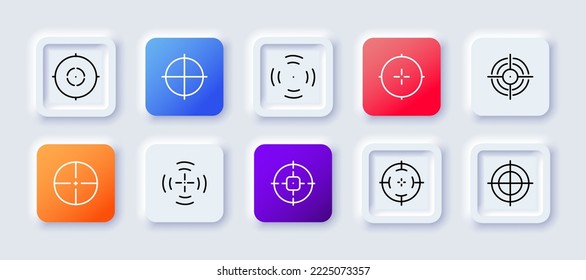 Icono de ajuste de vista. Aim, Target, aim, backsight, flechas, abalorios, punta, tienda online, beneficio, seguimiento, marketing. El concepto de audiencia objetivo. Estilo neomorfista. Icono de línea de vector para negocios y publicidad
