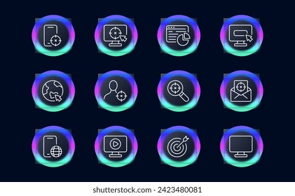 Icono de la línea de ajuste de la vista. Armas, propósito, mayores ganancias, óptica, publicidad, público objetivo, publicidad. Estilo de glasmorfismo. Icono de línea de vector para negocios y publicidad