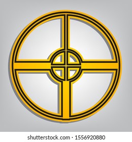 Sight sign illustration. Flat orange icon with overlapping linear black icon with gray shadow at whitish background. Illustration.
