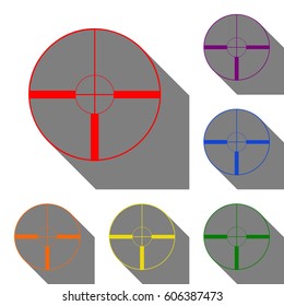 Sight sign illustration. Set of red, orange, yellow, green, blue and violet icons at white background with flat shadow.
