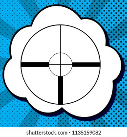 Sight sign illustration. Vector. Black icon in bubble on blue pop-art background with rays.