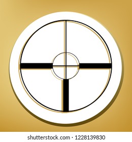 Sight sign illustration. Vector. Black icon with light brown shadow in white circle with shaped ring at golden background.