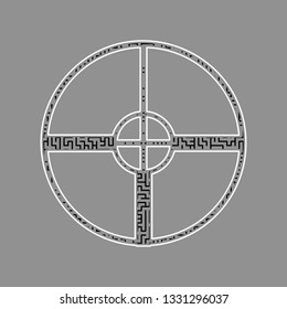 Sight sign illustration. Vector. Black maze filled icon with white border at gray background.
