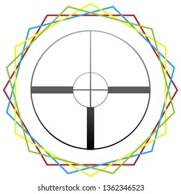 Sight sign illustration. Vector. Black icon with patch of light inside colorful hexagonal frames at white background.