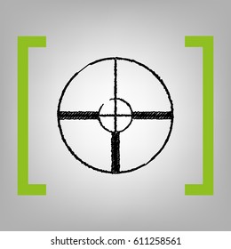 Sight sign illustration. Vector. Black scribble icon in citron brackets on grayish background.