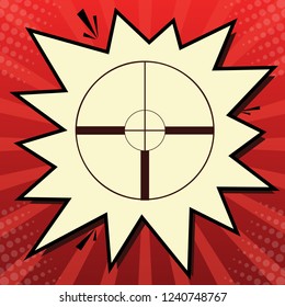 Sight sign illustration. Vector. Dark red icon in lemon chiffon shutter bubble at red popart background with rays.