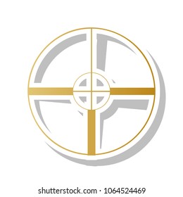 Sight sign illustration. Vector. Golden gradient icon with white contour and rotated gray shadow at white background.