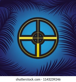 Sight sign illustration. Vector. Golden icon with black contour at blue background with branches of palm trees.