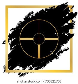 Sight sign illustration. Vector. Golden icon at black spot inside golden frame on white background.