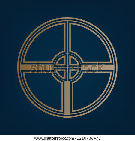 Sight sign illustration. Vector. Golden icon and border at dark cyan background.