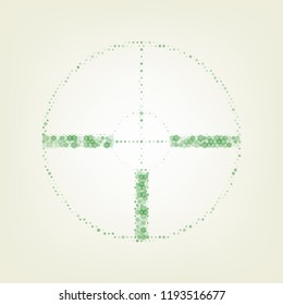 Sight sign illustration. Vector. Green hexagon rastered icon and noised opacity and size at light green background with central light.