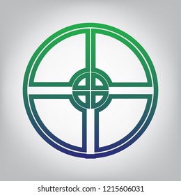 Sight sign illustration. Vector. Green to blue gradient contour icon at grayish background with light in center.