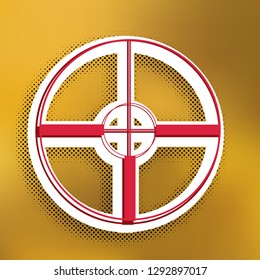 Sight sign illustration. Vector. Magenta icon with darker shadow, white sticker and black popart shadow on golden background.