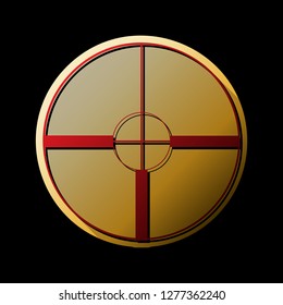 Sight sign illustration. Vector. Red icon with small black and limitless shadows at golden sticker on black background.