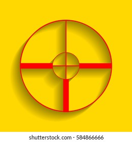 Sight sign illustration. Vector. Red icon with soft shadow on golden background.