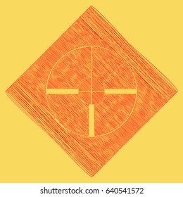 Sight sign illustration. Vector. Red scribble icon obtained as a result of subtraction rhomb and path. Royal yellow background.
