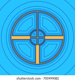 Sight sign illustration. Vector. Sand color icon with black contour and equidistant blue contours like field at sky blue background. Like waves on map - island in ocean or sea.