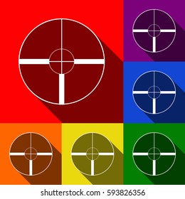 Sight sign illustration. Vector. Set of icons with flat shadows at red, orange, yellow, green, blue and violet background.