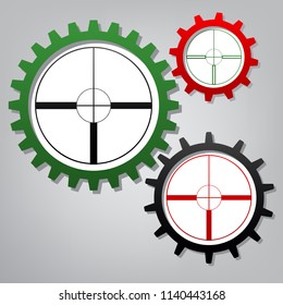 Sight sign illustration. Vector. Three connected gears with icons at grayish background.