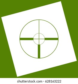 Sight sign illustration. Vector. White icon obtained as a result of subtraction rotated square and path. Avocado background.
