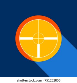 Sight sign illustration. Vector. White icon on tangelo circle with infinite shadow of light at cool black background. Selective yellow and bright navy blue are produced.