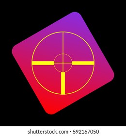 Sight sign illustration. Vector. Yellow icon at violet-red gradient square with rounded corners rotated for dynamics on black background.