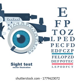 Sight test. Diagnosis of vision. Eye test frame. Vision test. Check Eyesight. Vector illustration flat design. Isolated on background. Template ophthalmology clinic. Diopter with scale of measurement