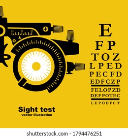 Sight test. Diagnosis of vision. Eye test frame. Vision test. Check Eyesight. Vector illustration flat design. Isolated on background. Template ophthalmology clinic. Diopter with scale of measurement