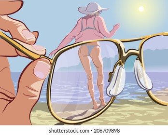 Sight through the pink sunglasses: ironic view on male stereotypes. Vector illustration.