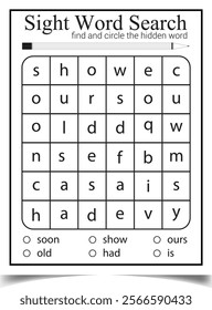 Sight word find and color page for children activities book