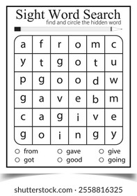 Sight Word Search Puzzle Book Vector Worksheet