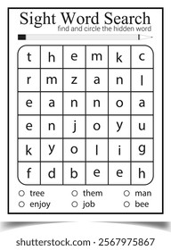 Sight word search worksheet for children