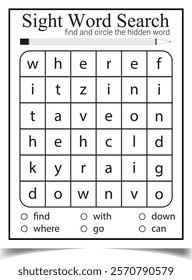 Sight word search worksheet for children activity