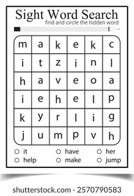 Sight word search worksheet for children activity