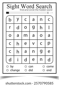 Sight word search worksheet for children activity