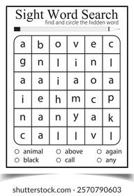 Sight word search worksheet for children activity