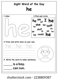 Sight Words Educational Worksheet for preschool and primary school learning, Coloring activities for children