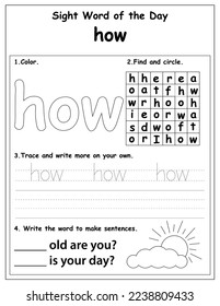 Sight Words Educational Worksheet for preschool and primary school learning, Coloring activities for children