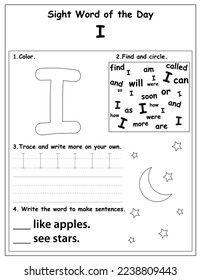 Sight Words Educational Worksheet for preschool and primary school learning, Coloring activities for children