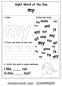 Sight Words Educational Worksheet for preschool and primary school learning, Coloring activities for children	
