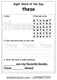 Sight words educational worksheet for preschool and primary school learning, coloring activities for children, preschool activities