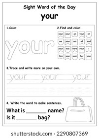 Sight words educational worksheet for preschool and primary school learning, coloring activities for children, preschool activities