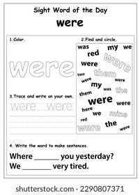 Sight words educational worksheet for preschool and primary school learning, coloring activities for children, preschool activities