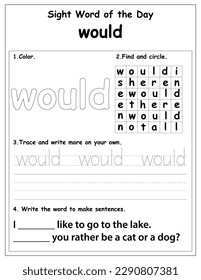 Sight words educational worksheet for preschool and primary school learning, coloring activities for children, preschool activities