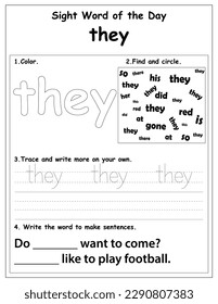 Sight words educational worksheet for preschool and primary school learning, coloring activities for children, preschool activities