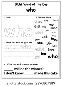 Sight words educational worksheet for preschool and primary school learning, coloring activities for children, preschool activities