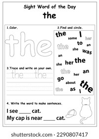 Sight words educational worksheet for preschool and primary school learning, coloring activities for children, preschool activities