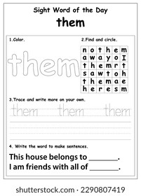 Sight words educational worksheet for preschool and primary school learning, coloring activities for children, preschool activities